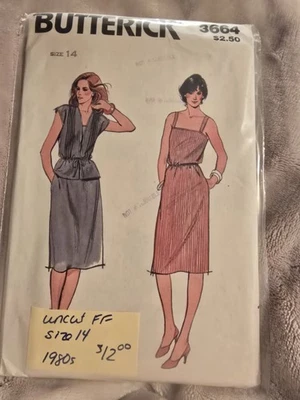 BUTTERICK 3664 - De colección - Vestido y Encubrimiento, Talla 14 Años 80 SIN CORTAR  Foto 1 de 2