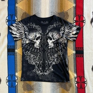 Vintage Y2K Xzavier Cyber Grunge Skull T-Shirt Size Medium Gothic AOP - Picture 1 of 8
