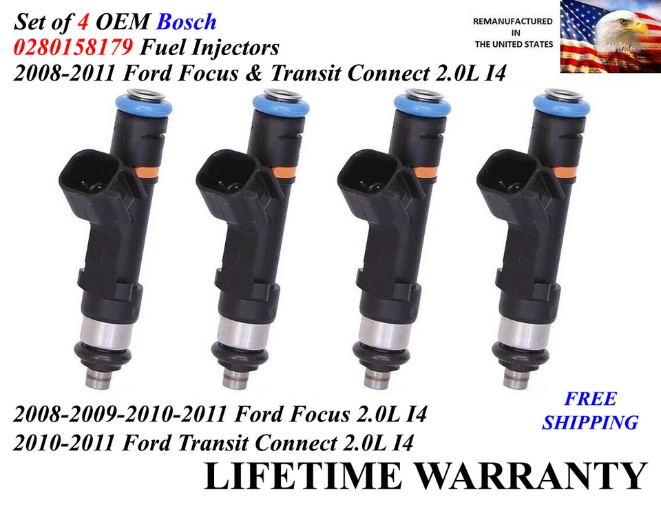 Set Of 4 OEM  Bosch  Fuel Injectors For 2010-2011 Ford Transit Connect 2.0L I4 - Image 1 of 1