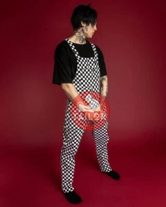 Men's Genuine Leather White & Black Checker Board Bib Overall Dungarees Jumpsuit - Picture 1 of 4