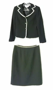 Le Suit Black Skirt & Jacket Business Suit Set w/White Zig Zag Motif Sz 4P - Picture 1 of 10