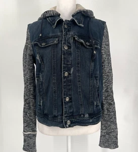 Free People Denim Jacket Size M Dark Blue Distressed Trucker Knit Hood & Sleeves - Picture 1 of 15