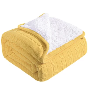 Well Stitched Cotton Cable Knitted Sherpa Fleece Blanket Nice Rich Colors - Picture 1 of 22