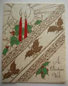 Goldtone holly leaves and red candles vintage Christmas greeting card *B9 - Picture 1 of 3