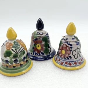 Talavera Bells Signed Hand Painted Mexico Set Of 3 Flowers - Afbeelding 1 van 10