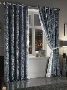 Luxury Diamante Lined Crushed Velvet Eyelet/Ring Top Curtain + Diamante Tiebacks - Picture 1 of 16