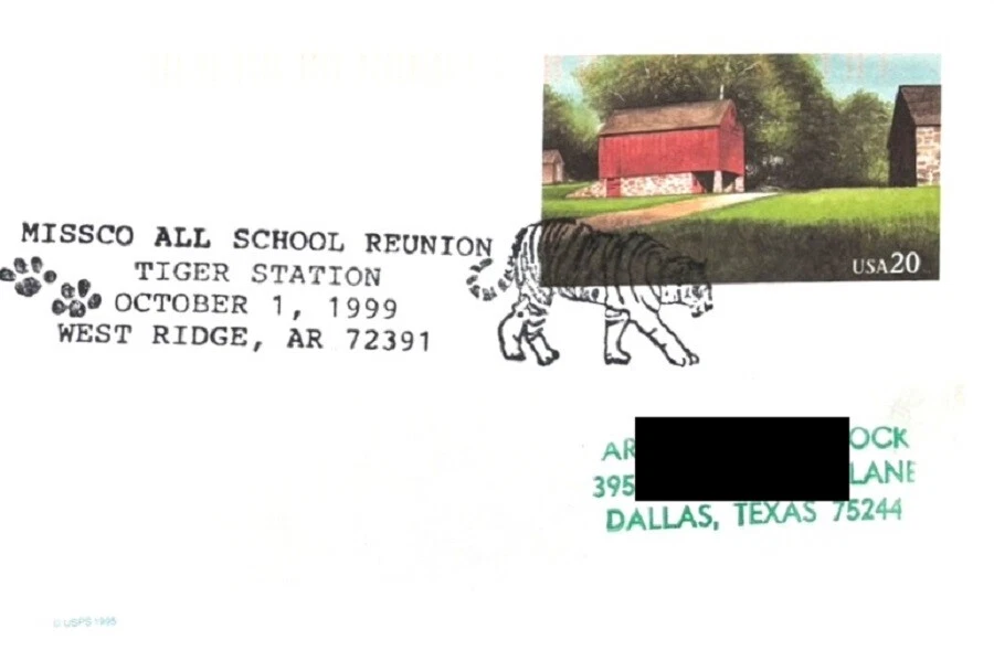USA UNITED STATES 20c RED BARN POSTAL CARD w/ TIGER STATION cancellation 1999 - Image 1 of 1