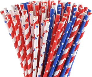 American Flag Red Blue White Paper Straws, 100 Stripe/Star Biodegradable Straws - Picture 1 of 8