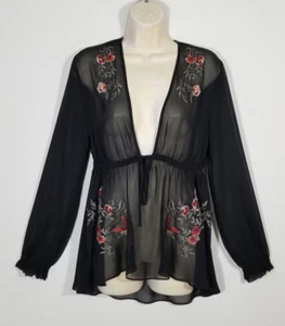 Express Women Small Black Top Blouse Floral Embroidered Semi Sheer Deep V-neck - Picture 1 of 11