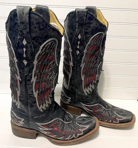 Botas de Vaquero Corral Negras Alas Rojas Cuero Cruz Punta Cuadrada para Mujer Talla 6 M - Imagen 1 de 12