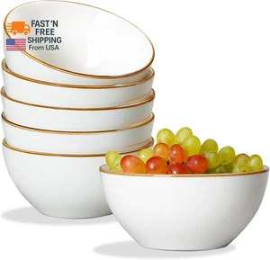 Ceramic Bowl Set of 6, 24 Oz Soup Bowl Cereal Bowls with Brown Rim, Serving Bowl - Picture 1 of 12