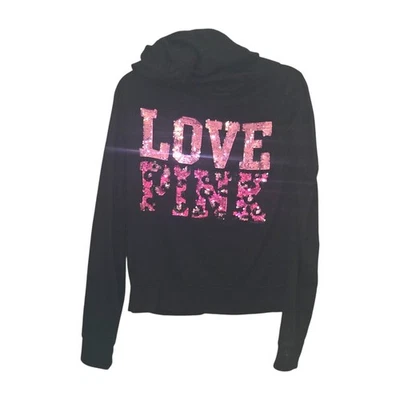 Extremely Rare VTG '10 VS PINK Full Zip Fur Lined Black Hoodie Leopard Sequins L - Image 1 of 3