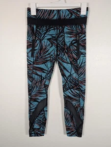 Lululemon Pants Womens 4 Blue Leaf Pattern Mesh Panel Leggings Zipper Pockets - Picture 1 of 13