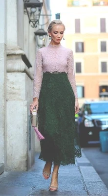 Valentino Pink/Green Floral Lace Long Sleeve Mock-Neck Gown sz 12  - Image 1 of 4