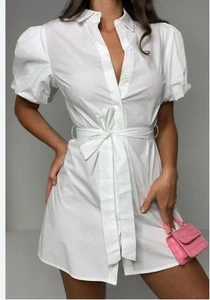 Missguided Damen-Minikleid weiß Puffärmel Taille zum Binden Übergröße 14 - Bild 1 von 6