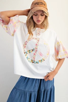 Top estampado mixto a cuadros florales signo de paz caballete para mujer  Foto 1 de 4