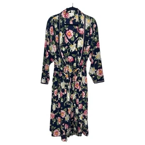 Vtg 1970s Miss Dior Satin Peignoir Gown Set M/L Navy Floral Elegant Old Money - Picture 1 of 15