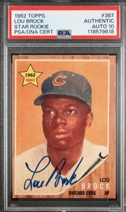 1962 Topps #387 Lou Brock firmato Rookie Card autografo RC PSA 10 Auto Cubs Sharp - Foto 1 di 2