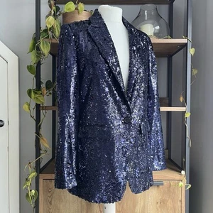 M&S Sequin Jacket 12 Navy Blue Blazer Pockets New with Tags - Picture 1 of 10