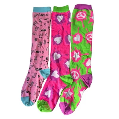 LITTLE MISS MATCHED Girl Knee High Socks Pair Of 3 Ages 10-110 Black Neon Floral - Image 1 of 4