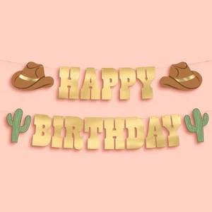 Western Happy Birthday Gold Foil Banner - 5 Ft. | Cowboy HBD Decorations, Wild - Picture 1 of 4
