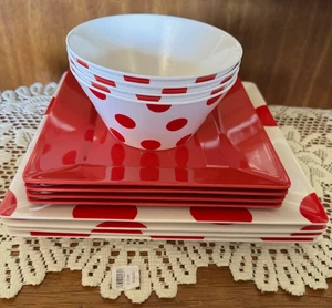 Melamine 12 Piece Set of Red & White Polka Dot Bowls & Square Plates - Picture 1 of 9