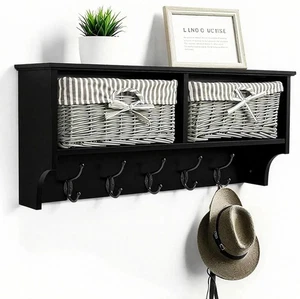 Wall Mounted Coat Rack Black Shelf with 2 Grey Wicker Baskets & 5 Double Hooks - Picture 1 of 7