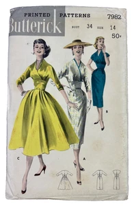 Vtg BUTTERICK Pattern 7982 Size 14 Bust 34 Empire Dress Surplice Bodice 1950s - Picture 1 of 8