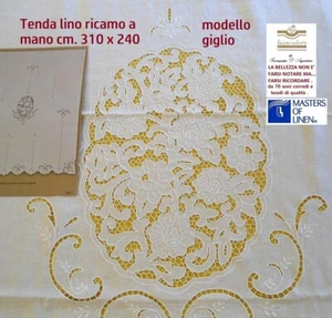 TENDA LINO RICAMO A MANO INTAGLIO AGO ECC. cm. 310 x 240 col. avorio o bianco - Foto 1 di 24