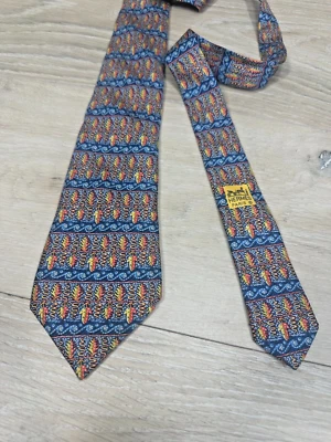 Hermes Mens Feather/Floral - Blue/Orange/Yellow Design Silk Tie 7718 OA MINT! - Изображение 1 из 4