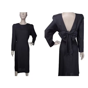 Samantha Vintage 80s Black High Shoulder Deep V-Back Big Bow-Back  Midi Dress - Picture 1 of 7