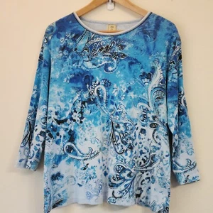 Top donna Jess&Jane TShirt blu oceano manica 3/4 donna XL boho tempo libero USA - Foto 1 di 17