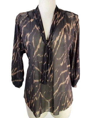Anthropologie Weston Wear Tie Neck Top Size Small Brown Mesh Sheer Woman's Top - Image 1 of 4