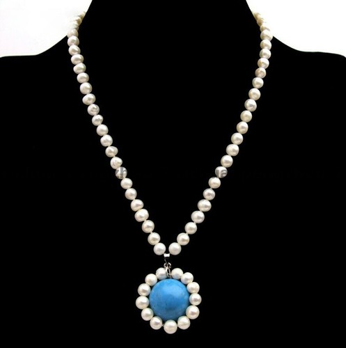 VETEMENTS Collana Gioielli Ciondolo Turchese Perla Acqua Dolce Bianca Naturale 6 7mm 18''