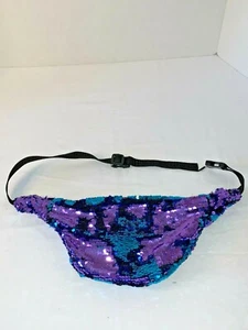 "Justice" Purple/Blue Flip Sequin Front Double Zipper Fanny Pack Bag  - Picture 1 of 8