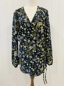 Wallis Size 14 Black Yellow Floral Wrap Blouse Long Sleeve - Picture 1 of 14