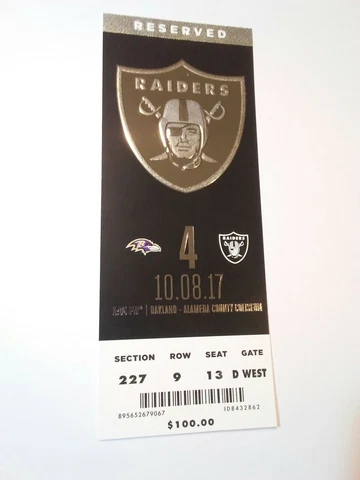 2017 Oakland Raiders Baltimore Ravens NFL Football Full Ticket Stub Cover