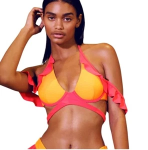 NWT Andrea Iyamah Aisha Ruffled Bikini Top Tangerine Orange & Red XS - Picture 1 of 12