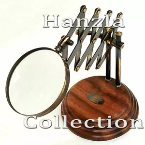 Massive Tischplatte Messing Lupe Holzbasis Schreibtisch Vergrößerungsglas Kette - Bild 1 von 5