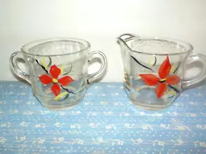 Vintage Sugar and Creamer Set Clear Glass with Hand painted Poinsettia's - Picture 1 of 7