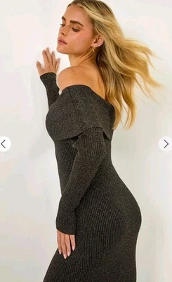 Vestido midi Elan para mujer gris brillante manga larga cuello redondo talla M Foto 1 de 4