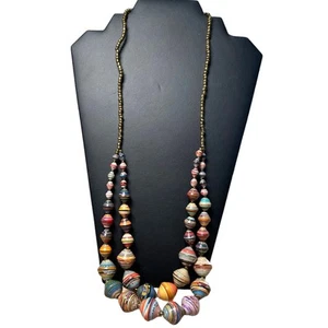 Double Strand Multicolor Paper Wrap Bead Statement Necklace Lobster Clasp EUC - Picture 1 of 4