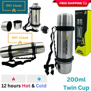 Nordrok Steel Flask Vacuum Insulated TWIN CUP THERMAL FLASK 1L Thermos 12hr HOT - Picture 1 of 10