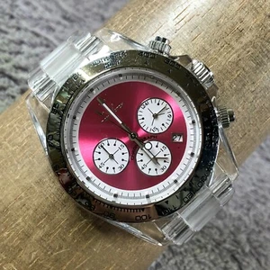 ToyWatch Women Dress Chronograph Pink Dial Clear Resin Band Quartz 39mm Watch 8" - Picture 1 of 13