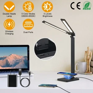 Double Head LED Desk Lamp USB Office Lighting Touch Table Night Light Eye-Caring - Picture 1 of 13