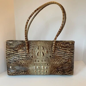 Besso Embossed Crocodile Leather Tote Shoulder Bag Purse Tan Brown - Picture 1 of 15