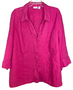 100% Linen Pink Button Up Top Womens Plus Size 3X ~ 3/4 Sleeves Casual Beach - Picture 1 of 8