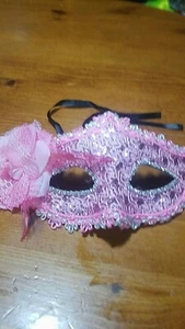 Pink Masquerade Mask Halloween Costume Mardi Gra Rave Festival Lace Feather - Picture 1 of 1