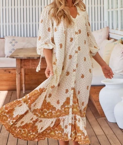 New Women's Rosalie Maxi Dress Sundown Print Cream Jaase Boho Kenzie Tenzie - Picture 1 of 8