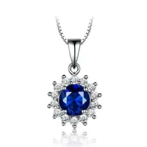 2.50Ct Round Cut Blue Sapphire Halo Pendant 18"Free Chain 14K White Gold Finish - Picture 1 of 3
